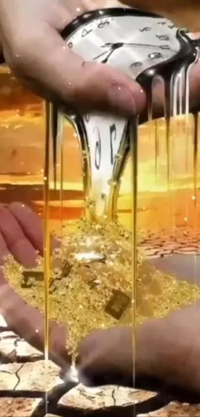 Surreal mobile wallpaper of a melting clock dripping golden sand.