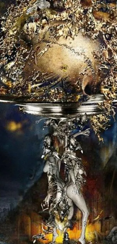 Surreal metallic art piece with intricate details and golden hues.