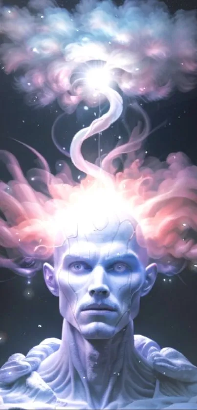 Surreal blue humanoid with swirling cosmic clouds overhead.