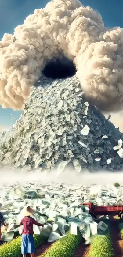 Surreal wallpaper of a money volcano erupting into clouds.