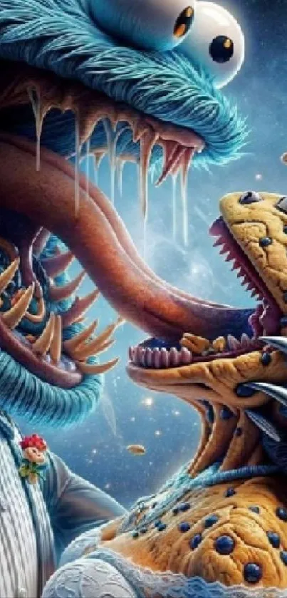 Surreal monster battle with vibrant creatures on phone wallpaper.