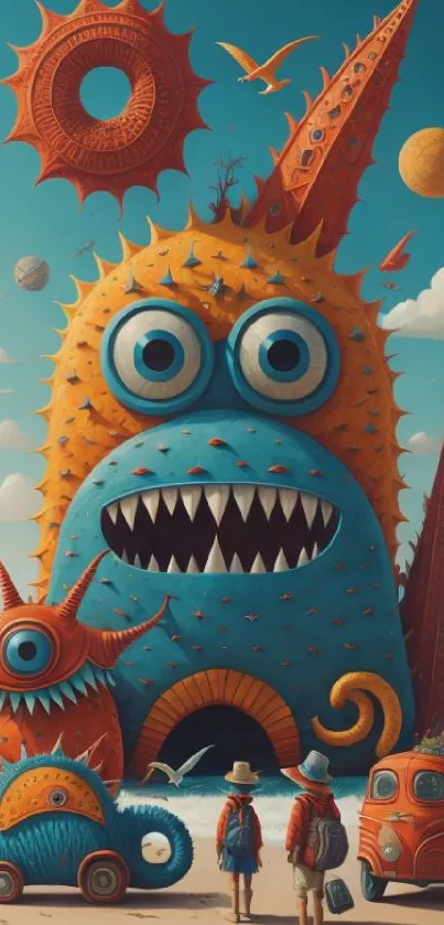 Surreal beach scene with colorful giant monsters and travelers.