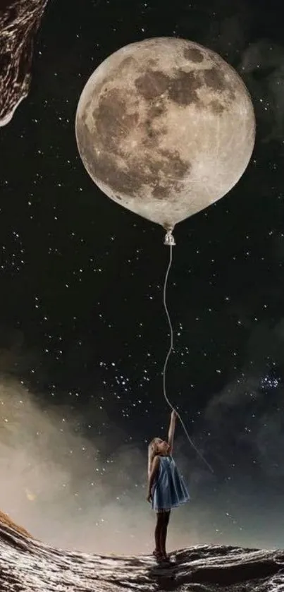 Girl holding a moon balloon under a starry sky.