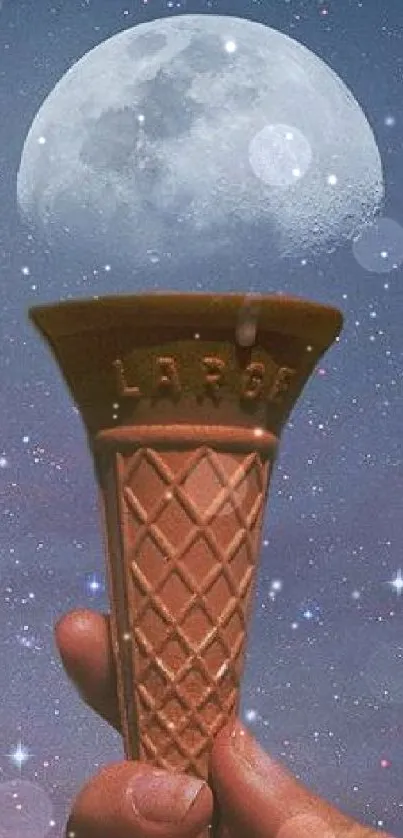 Surreal image of a moon as ice cream in a waffle cone against a starry sky.