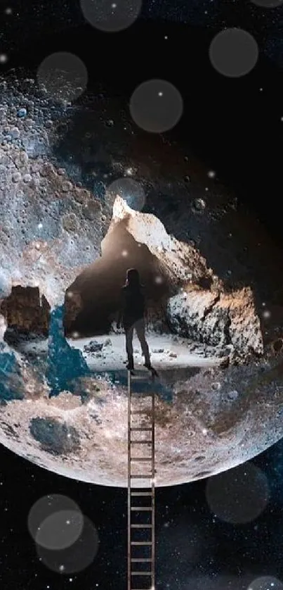 Surreal artwork of explorer on moon with ladder into space.