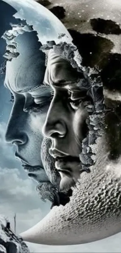 Surreal artwork of faces emerging from a moon.