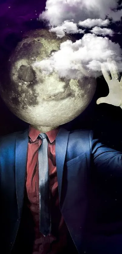 Surreal image of a person with a moon for a head against a starry background.