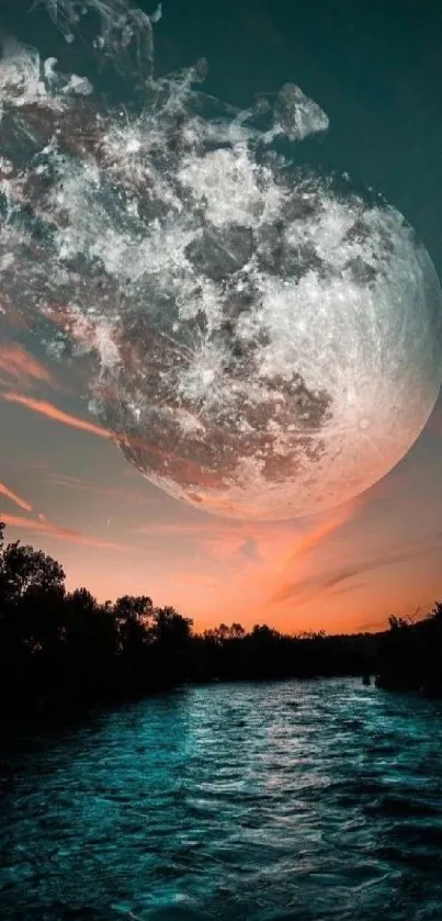 Surreal moon and river at sunset wallpaper, showcasing cosmic elegance.