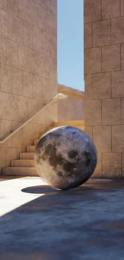 Surreal wallpaper with a moon-like sphere in architectural setting.