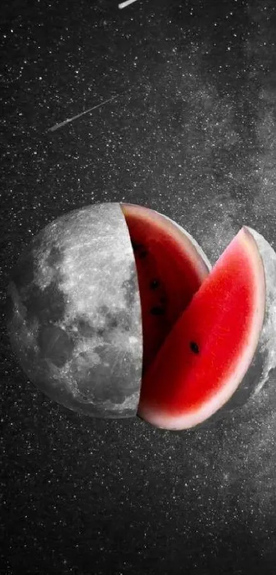 Surreal moon sliced like a watermelon under a starry sky.