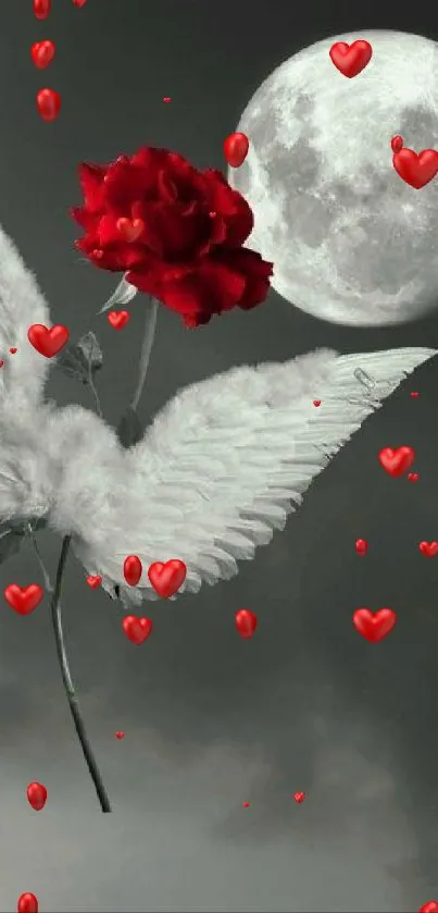 Surreal wallpaper with a red rose, angel wings, and luminous full moon.