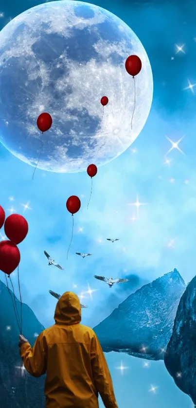 Surreal landscape with moon, balloons, and mountains.