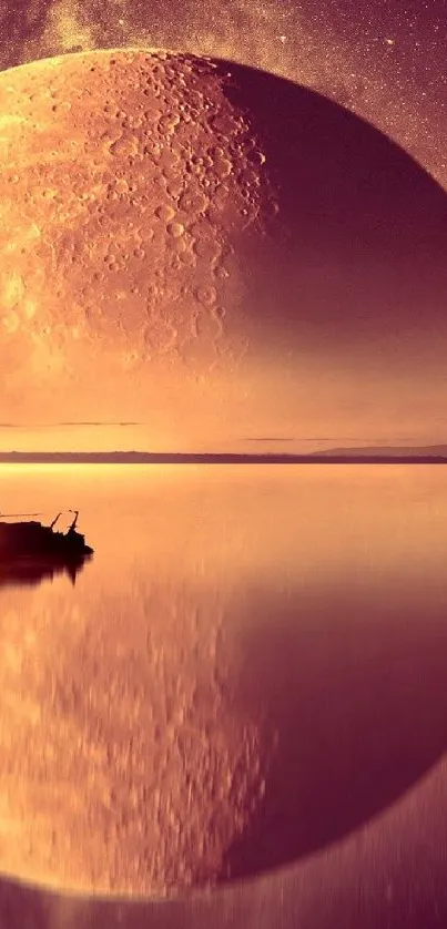 Surreal sailboat under a large moon on a calm, purple-hued lake.