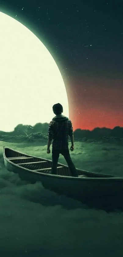 Person in canoe under moon on cloudy horizon, surreal scene.