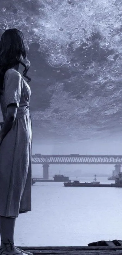 Woman under large moon near bridge, blue-gray tones.