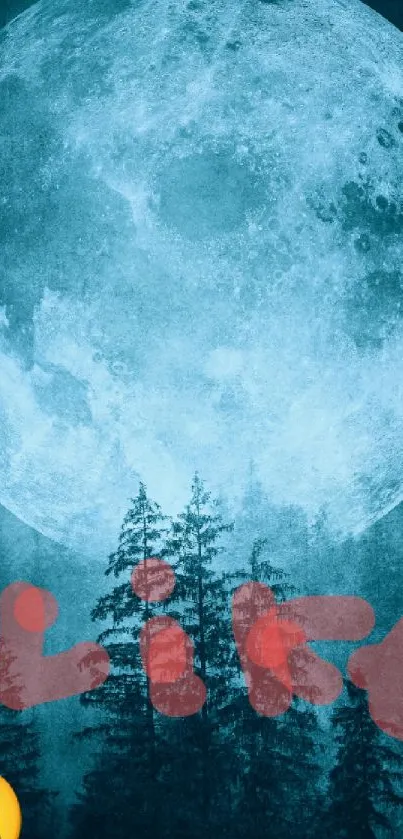 Artistic wallpaper of a blue moon over forest with 'Like' text and emoji.