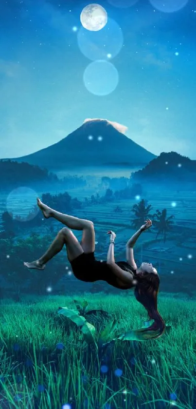 Surreal landscape with moonlit sky, mountain, and floating figure.