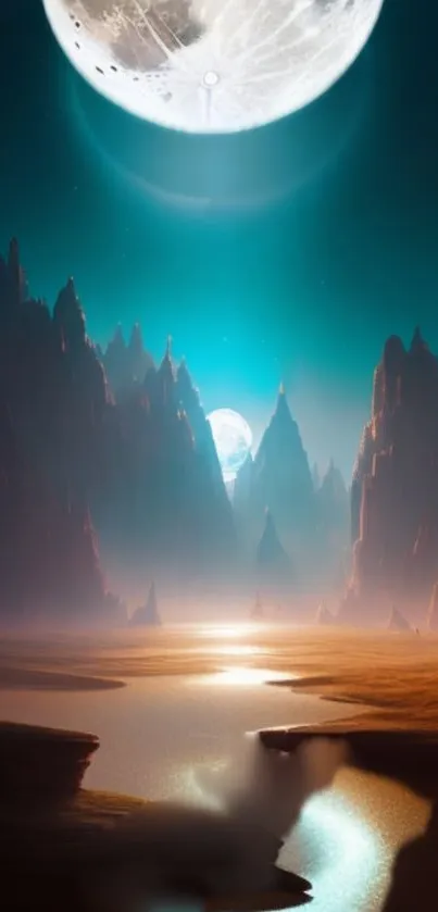 Surreal landscape wallpaper with moonlit sky and towering rock formations.