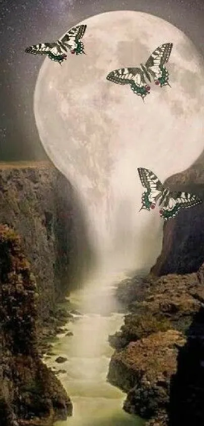 Surreal landscape with moonlit waterfall and butterflies.