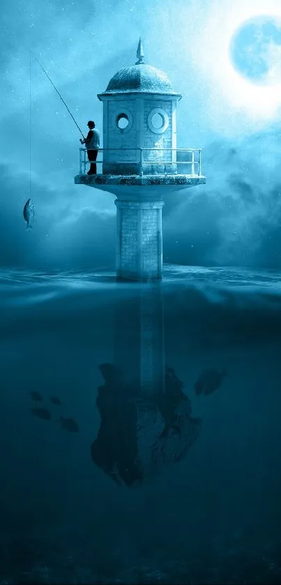 Surreal mobile wallpaper of a moonlit lighthouse over calm ocean.