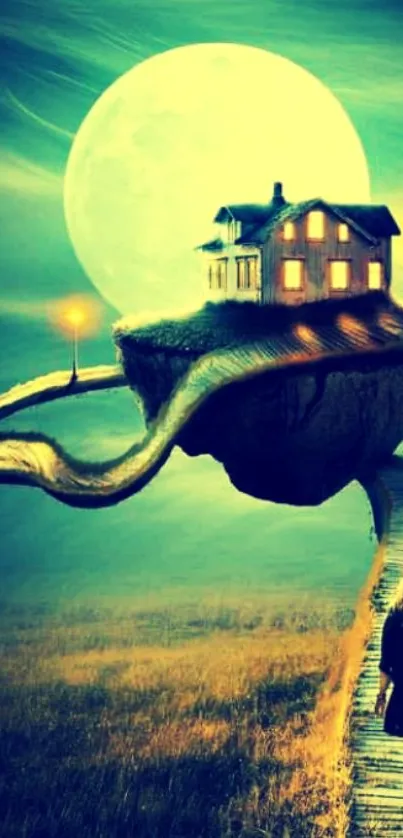 Fantasy scene of a floating house under a full moon.