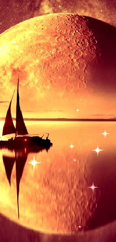 Sailboat and tree in moonlit surreal reflection with orange hues.