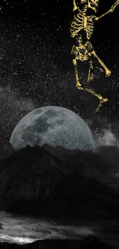 Surreal wallpaper with moon and floating skeleton at night.