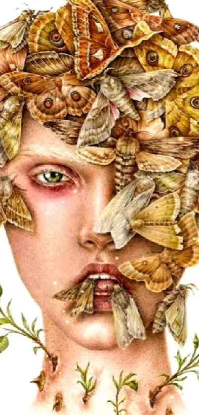 Surreal moth-themed art with a face made of butterflies.