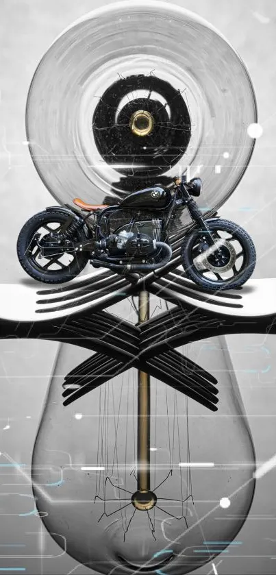 Surreal motorcycle on abstract design background.