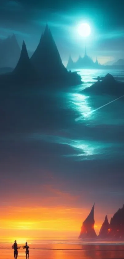 Surreal beach landscape with mountains and a glowing moon at twilight.