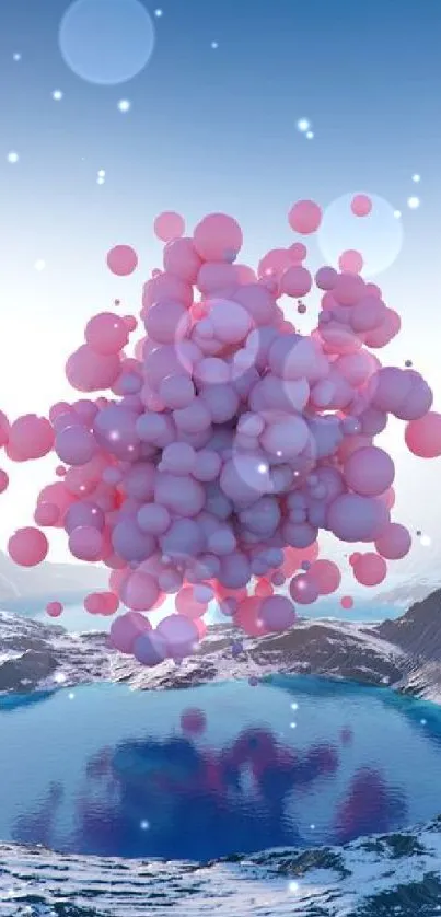 Floating pink bubbles over snowy mountain lake landscape.