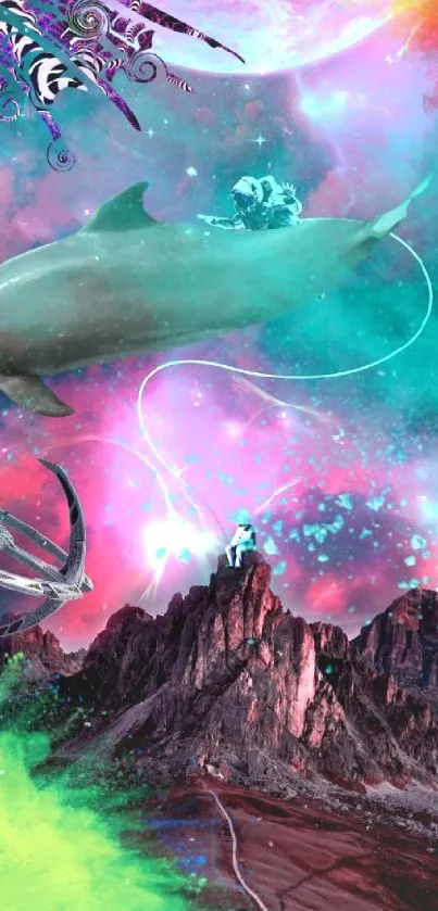 Surreal art with dolphins, mountains, and nebula colors in a vivid dreamscape.