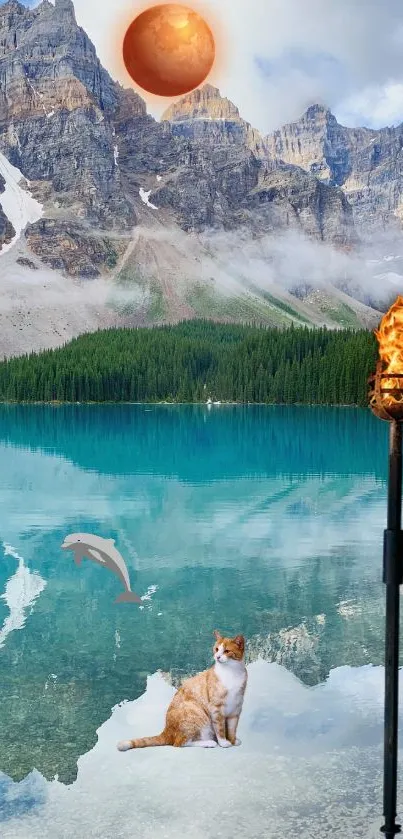 Surreal lake with cat, dolphin, mountains, and flaming torch.