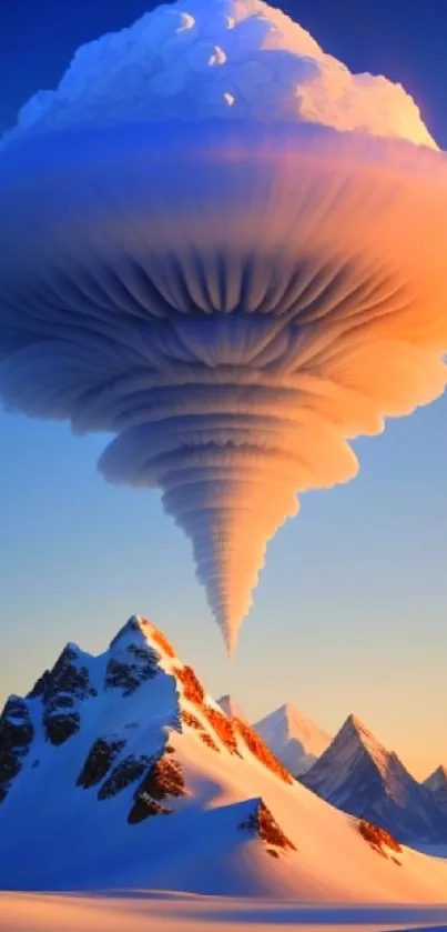 Surreal mountain with dramatic clouds at sunset.