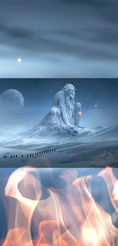 Surreal mountain with moonlit sky and fire elements in artistic landscape.