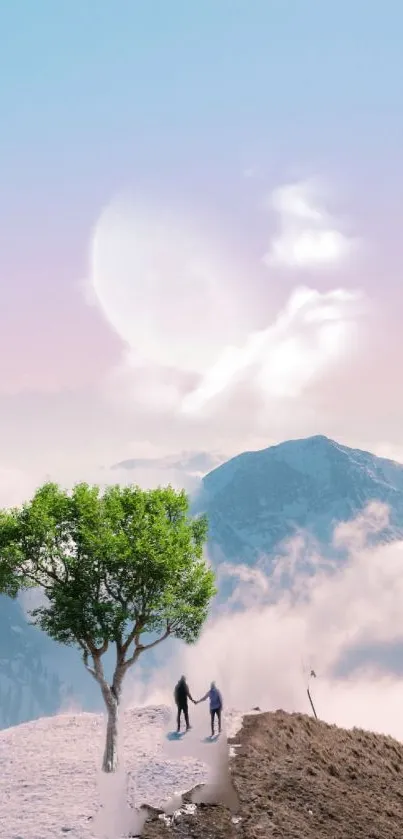 Couple walking in surreal mountain landscape with lone tree.