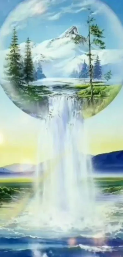 Surreal landscape with waterfall and mountain in artistic design.