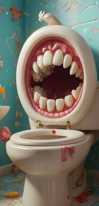 Surreal toilet with a giant mouth in a bathroom setting.