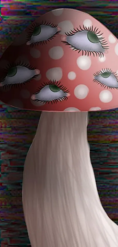 Surreal mushroom with eyes artwork on colorful background.