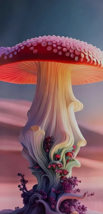 Surreal mushroom fantasy art wallpaper with vibrant colors.