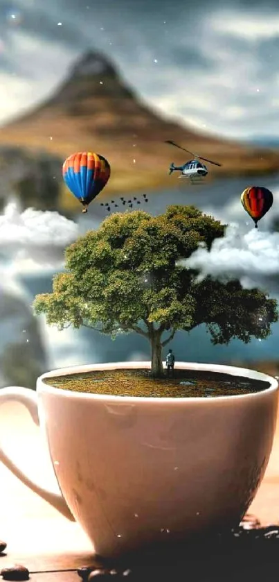 Surreal mobile wallpaper with tree in coffee cup and balloons.