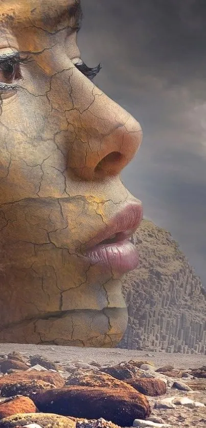 Surreal artistic landscape with earthy tones and a cracked human face blending in nature.