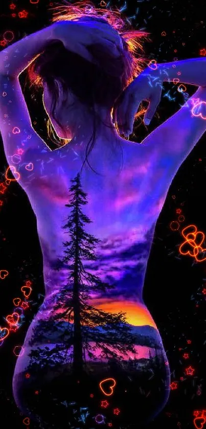 Surreal art with tree silhouette on a vibrant background.