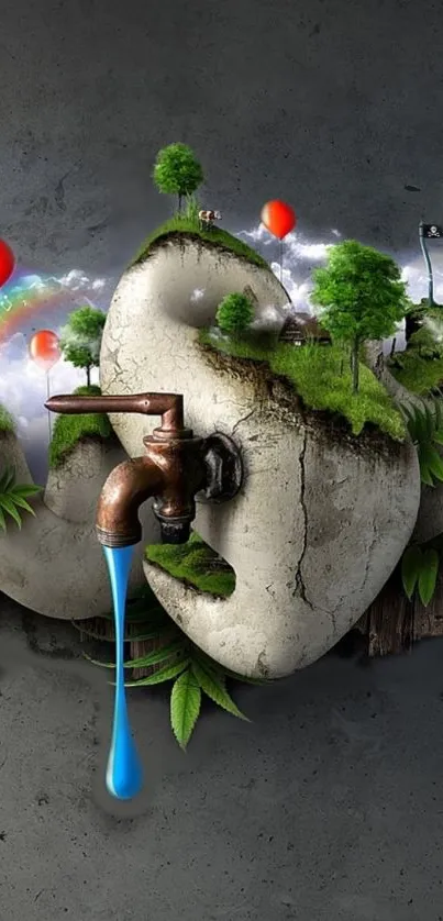 Surreal wallpaper with floating islands and faucet.