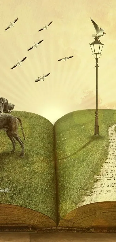 Surreal scene of a dog, birds, and a lamp on an open book landscape.