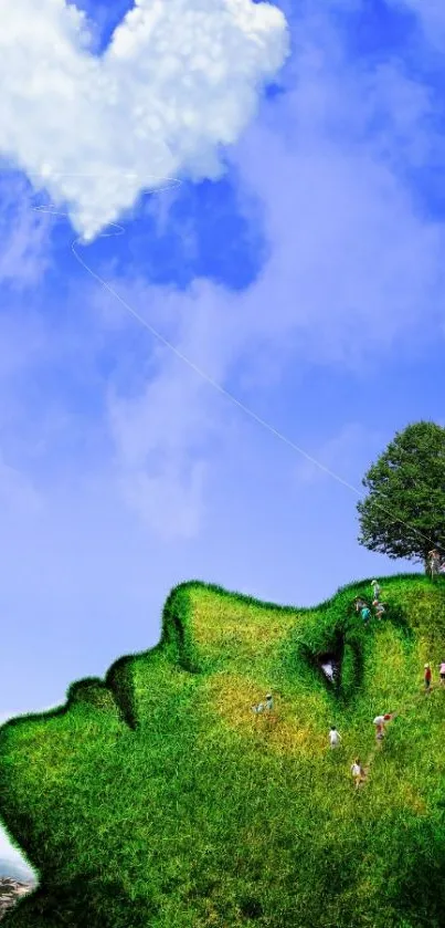 Surreal landscape with grass face, tree, and heart-shaped cloud.