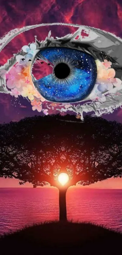 Surreal wallpaper with cosmic eye above sunset-lit tree.