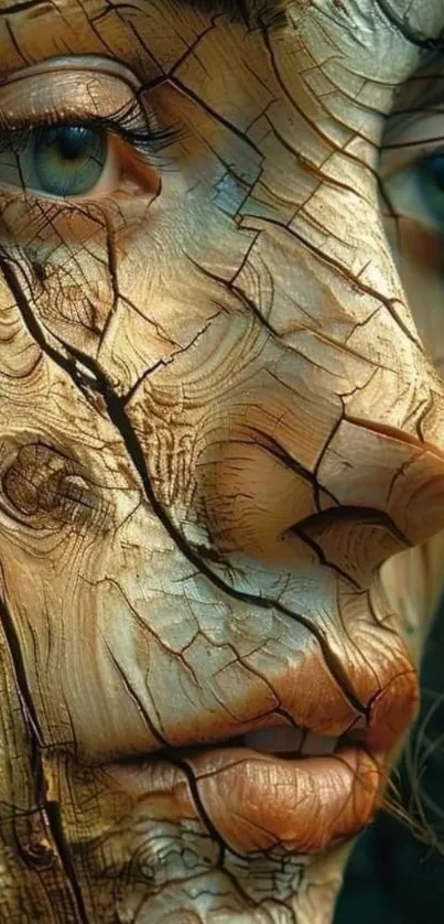 Surreal art wallpaper of cracked wood face blending human and nature elements.