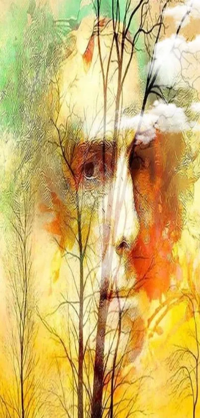 Surreal artwork with a face and trees blending on a colorful background.