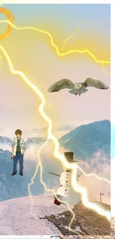 Surreal wallpaper with mountains, lightning, and a bird.